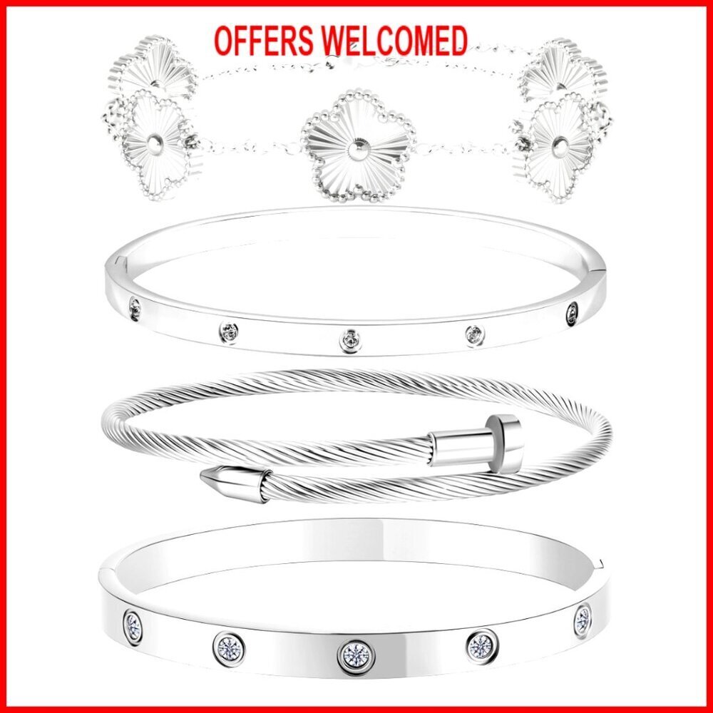 Stackable Clover & Nail Love Bangle Set, 18K Gold Plated Stainless Steel
